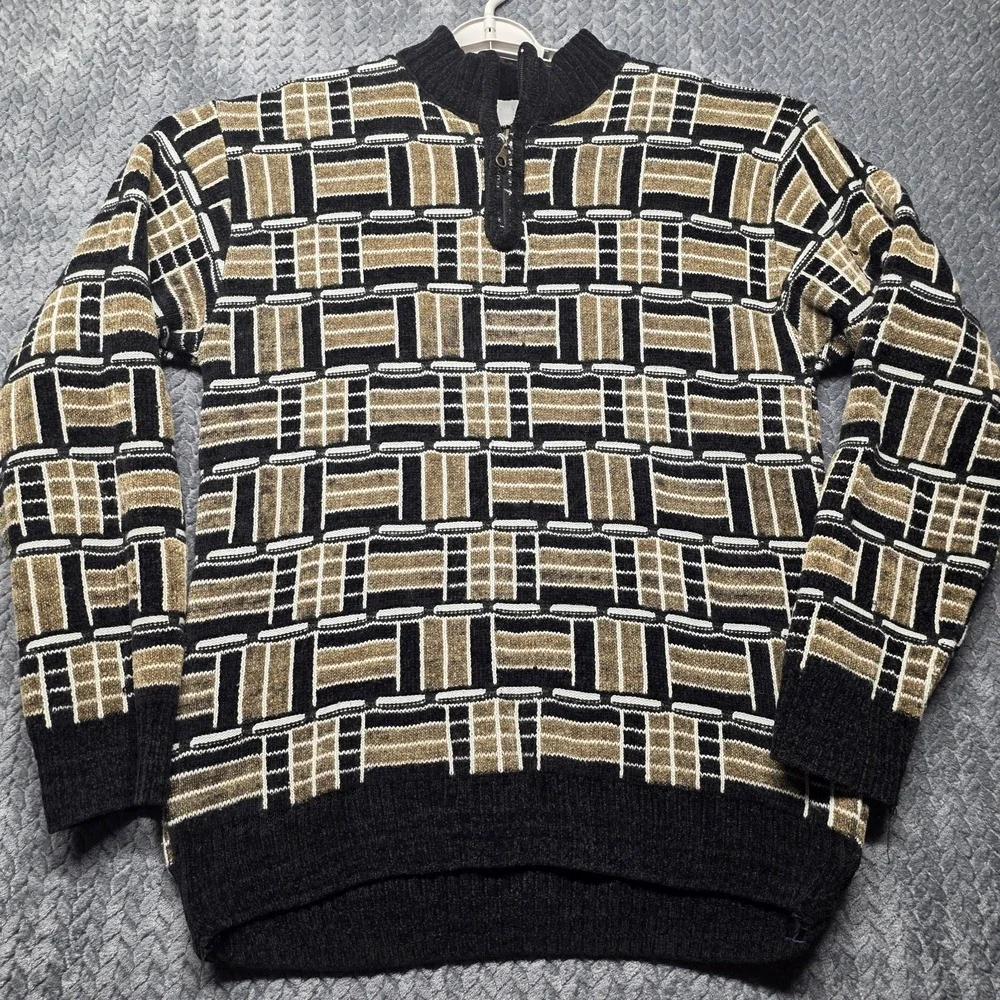 Vintage Geometric 1/4 Zip Sweater Men's M Thick Knit‎ Black Tan 90s Style